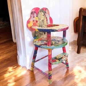 Handcrafted wood highchair. Signed original one of a kind art